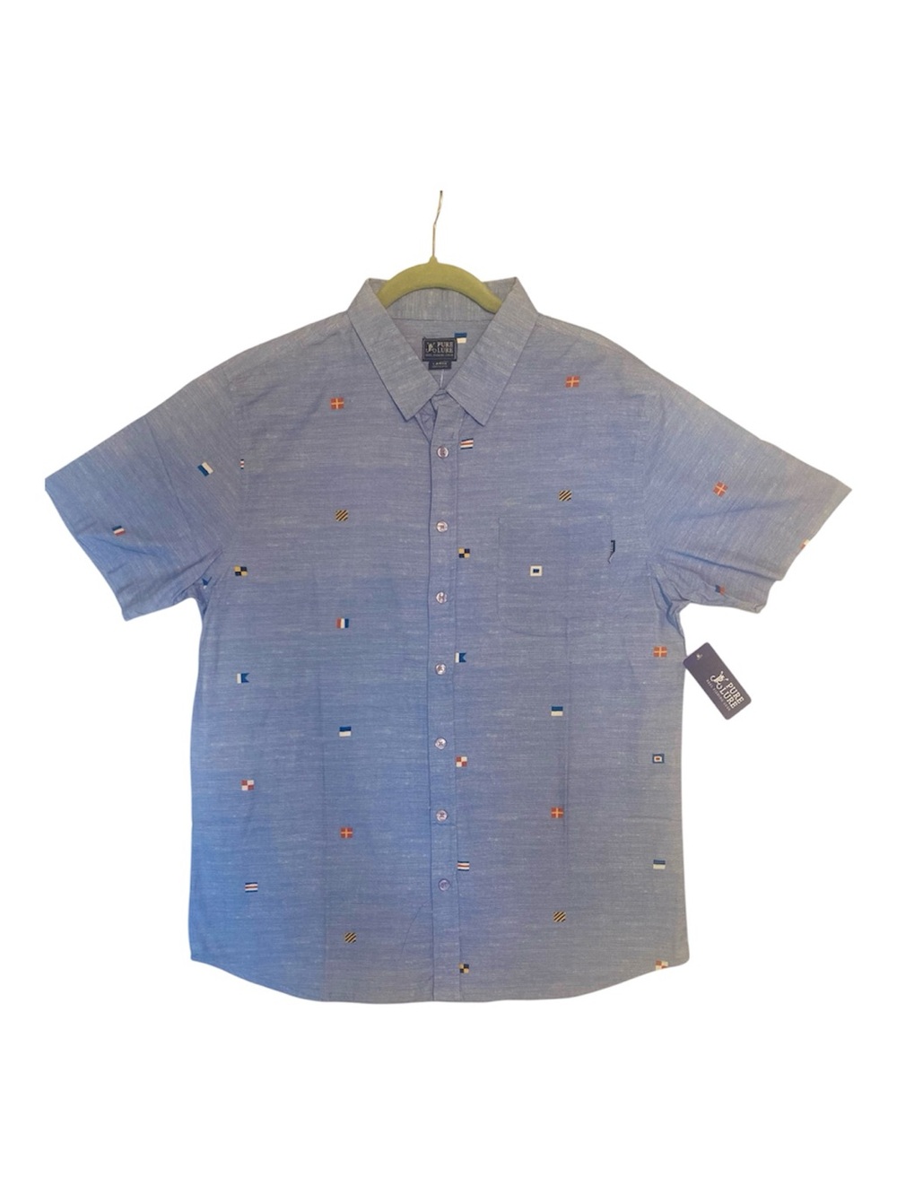 NWT Pure Lure Short-Sleeve Button-Down Shirt Light Blue Nautical Flags Sz Large